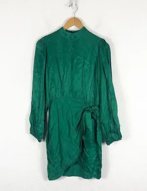 Zara Green Satin Mock Neck Faux Wrap Mini Dress Small Long Sleeve 1165/259 thumbnail 4