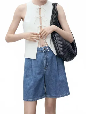 Mango Mid-Rise Denim Bermuda Shorts with Pleats NWT Medium Blue Size 2 (EUR 34) thumbnail 6