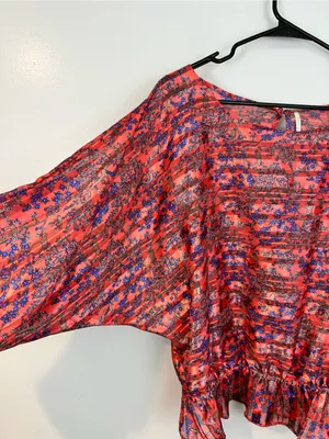 Free People Pink/Blue Metallic Smocked Floral Dolman Sleeve Peplum Top Large thumbnail 3