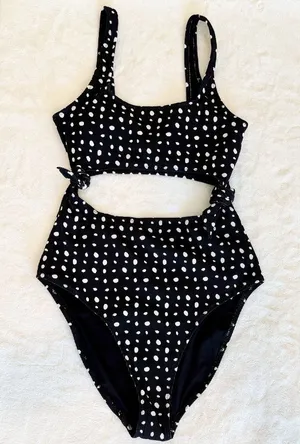 NWT Aerie Black and White Polka Dot Cut Out One Piece - Size: Medium thumbnail 1