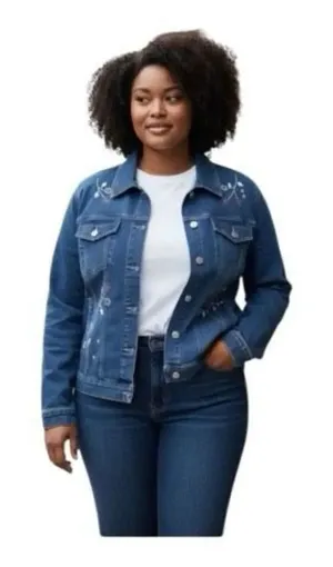 Alfred Dunner Blue Denim Jacket Floral Embroidered Size 16 Petite Button Front thumbnail 1