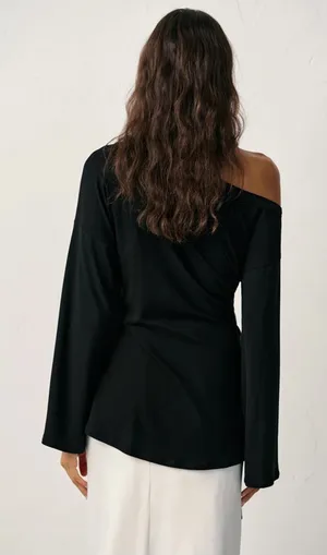 Beyond Yoga I am Beyond Black One Shoulder Bell Sleeve Tunic in Black thumbnail 1