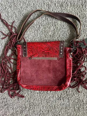 Myra Bag Red Embossed Floral Fringe Studded Shoulder Bag Zip-Around Pockets thumbnail 4
