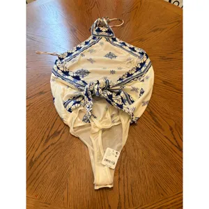 Free People Bodysuit Womens Small Blue White Nautical Halter Neck OB1149521 thumbnail 5