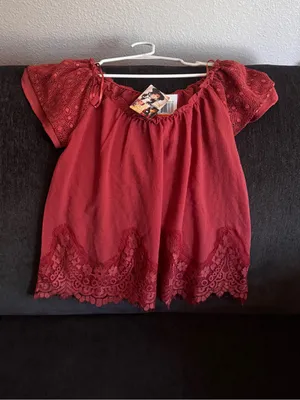 ELF Deep Burgundy Lace Flutter Sleeve Blouse Red thumbnail 3