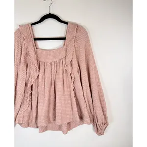 Free People Womens Top Pink Bonnie Ruffle Plaid Babydoll Blouse Stretch Boho XS thumbnail 5