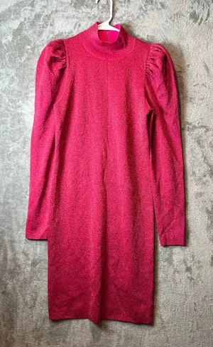 Alice + Olivia Issa Turtleneck Puff Sleeve‎ Dress Pink Glitter LG Wool Blend New thumbnail 1