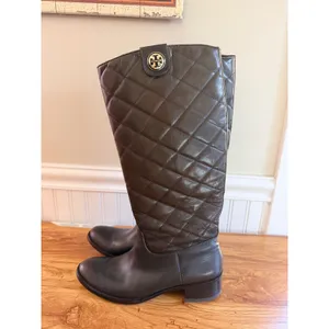 Tory Burch Kiernan Quilted Leather Riding Boots Brown Logo 8.5M thumbnail 2