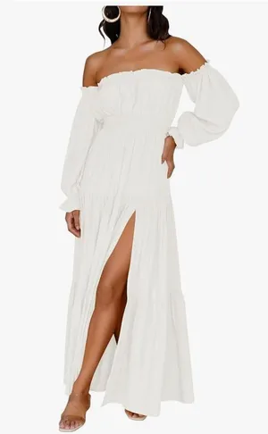 NEW Off Shoulder Long Sleeve Smocked Side Split Flowy Lined Tiered Maxi Dress M thumbnail 1