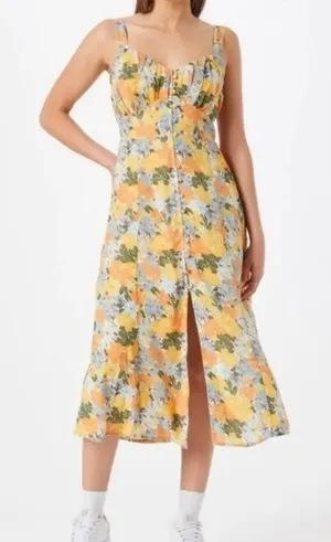 Abercrombie & Fitch Floral Gathered Front Yellow Midi Dress Women's Size S thumbnail 1