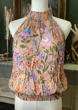 Gypsy Love Floral Halter Top Pink Smocked Neck Bubble Hem‎ Tank Large NWT thumbnail 1