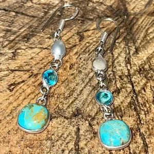 Faceted Tibet Turquoise Earrings 2 1/2” Gold thumbnail 5