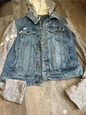 Free People | Distressed Knit Sleeve Denim Jacket S Grunge Hooded‎ Streetwear thumbnail 6