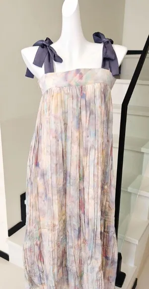 Pastel Tie Dye Pleated Maxi Dress Bow Tie Spaghetti thumbnail 1