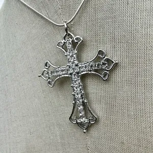 Silver tone rhinestone cross necklace thumbnail 7