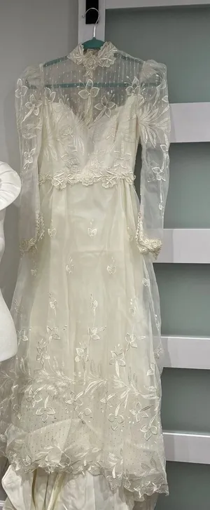 Vintage 80s‎ Victorian Revival Wedding Dress Ivory High Neck Sheer Lace Illusion thumbnail 1