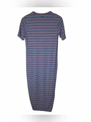 Obey Worldwide Striped Midi Shirt Dress Blue Red Yellow Logo Tee Dress Sz Small thumbnail 4