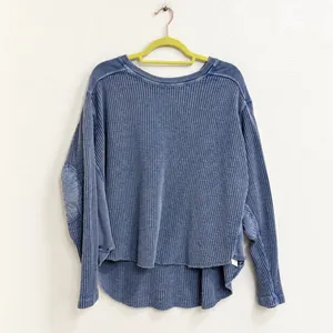 Free People FP One Blue Waffle Knit Thermal High Low Top Sz S thumbnail 2