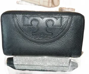 Tory Burch Black Pebbled Leather Zip Wallet with Large Embossed Logo thumbnail 1