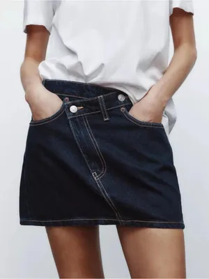Zara dark wash crossover waist denim mini skirt size small thumbnail 2