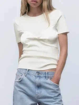 Zara Cream Twist-Front Short Sleeve Tee Size M thumbnail 3