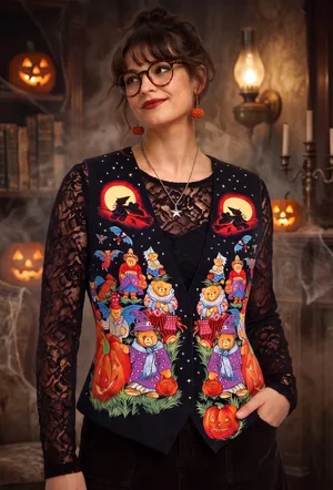 VINTAGE Halloween Bears Vest Black Size XL thumbnail 1