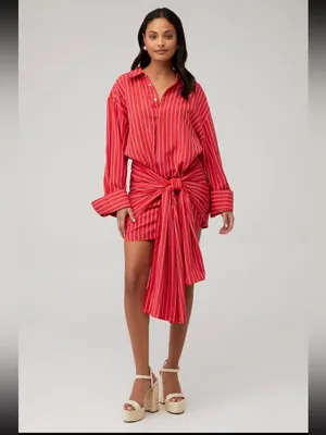 Bardot Malira Red White Stripe Draped Tie Shirt Mini Dress Size 6 NWOT thumbnail 2