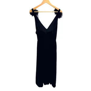 A Loves A Black Velvet V-Neck Midi Dress Feather Shoulder‎ Trim S Glam No Belt thumbnail 5