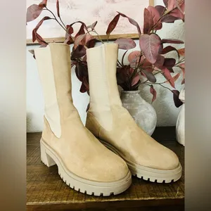 Steve Madden Hesitant Sand Suede Block Heel Pull On Mid Calf Fashion Boots Sz8 thumbnail 3