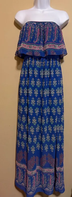 Soprano Blue Paisley Floral Strapless Ruffle Popover Maxi Dress Womens S Festival Resort thumbnail 1