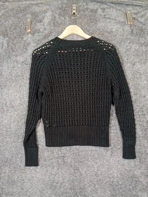 J Crew Pointelle Crewneck Sweater Black Knit Pull Over Boho Fall Womens M thumbnail 6