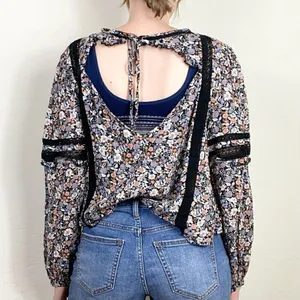 American Eagle Black Floral Lace Trim Long Sleeve Open Tie Back Blouse Size L thumbnail 2