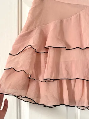 Zara Blush Pink Tiered Chiffon Ruffle Black Trim Mini Skirt thumbnail 6