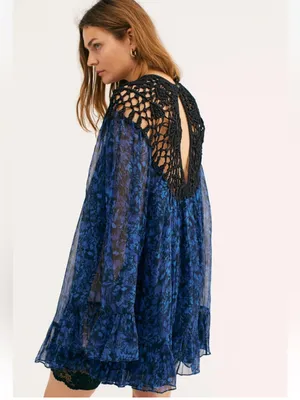 Free People Faded Daisy Frock Dress Tunic XS Blue Black Boho Bell Sleeve thumbnail 2