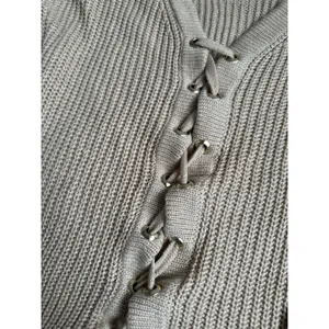 Entro Tan Knit Womens Casual V-Neck Sweater With Lace Up Front‎ Detail Size Small thumbnail 2
