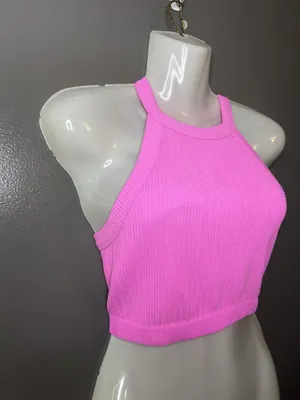 Aerie Sports Bra Womens Small Pink Ribbed Knit High Neck Racerback Cropped thumbnail 2