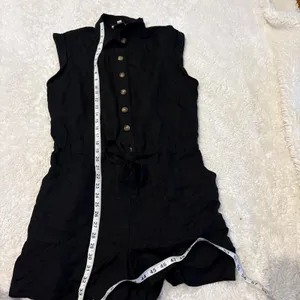 LOFT Women Black Linen Short Sleeve Romper Boho Indie Resort Casual Preppy Sz L thumbnail 4