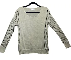One Grey Day Open Knit‎ Ladder Sleeve Crochet Sweater Sage Green L Boho Cotton thumbnail 1
