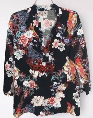 Natori Black Multicolor Oriental & Floral V-Neck 3/4 Sleeves Lightweight Tunic M thumbnail 1