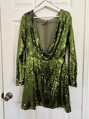 Anthropologie Green Sequin Mini Dress US 4 Party Cocktail Glam Open Back Long Sleeve thumbnail 4