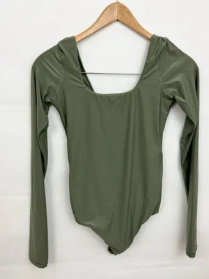 American Eagle aerie SMOOTHEZ Long Sleeve Plunge Bodysuit Olive Green Med thumbnail 4