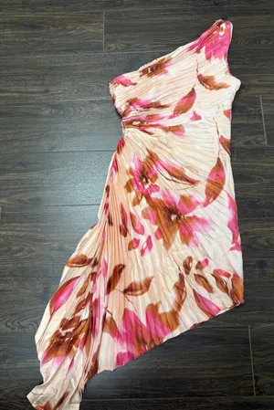 VICI One-Shoulder Pleated Floral Midi Dress Pink Brown Women's Small thumbnail 1