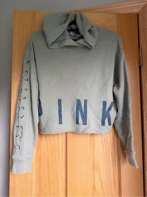 VS PINK Olive Green Lace Up Sleeve Cropped Hoodie Sweatshirt Women’s Size XS thumbnail 1