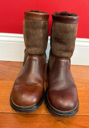 UGG Sunburst Tall Boots Womens Brown Leather Suede‎ Shearling Lined 8 thumbnail 1