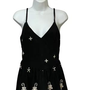 Cider Black White Floral Embroidered Mini Dress V-Neck Spaghetti Strap Medium thumbnail 4