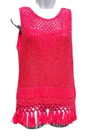 Lilly Pulitzer Women Crochet Tunic Top S Fringe Hem Pink Boho‎ Festival Resort thumbnail 1