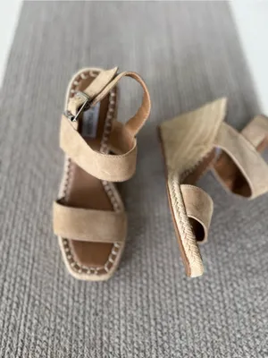 Steve Madden Beige Tan Genuine Suede Leather Espadrille Wedge Sandals Sz 6.5 thumbnail 3