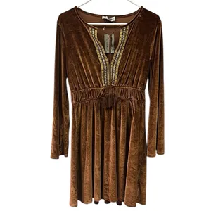 Luukse Brown Boho Velour Embroidered Tie Neck Tassel Mini Midi Dress Medium thumbnail 6