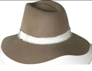 Wide Brim Rancher Fedora Hat Tan‎ Wool Felt White Band Boho Western OS thumbnail 1