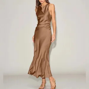 Rihoas Coffee Satin Boat Neck Slip Midi Dress thumbnail 4